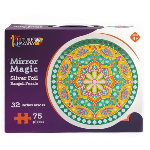 Kulture Khazana: Mirror Magic - 75pc Floor Puzzle, Silver Foil Rangoli, 32" Round Jigsaw, Indian Art, Diwali-Holi-Festivals Decoration, Kids Ages 4+ - Image 1