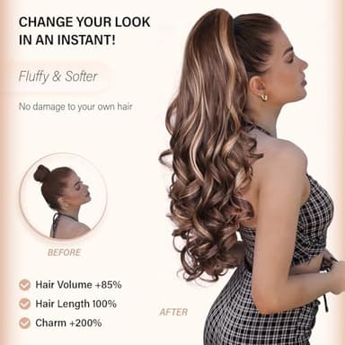 24 Inch Ponytail Extension, Clip on Ponytails for Women, Long Curly Wavy Ponytail Extensions for Women, Synthetic Layered Pony Tails Hair Extensions (Color: Chestnut Brown With Golden Highlights) - Image 2