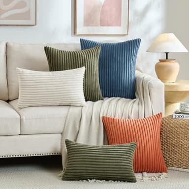 Fancy Homi Set of 2 Cream Boho Neutral Decorative Throw Pillow Covers 18x18 Inch for Couch Bed Sofa, Aesthetic Modern Farmhouse Home Decor, Soft Fluffy Corduroy Beige Cute Cushion Case 45 cm - Image 5
