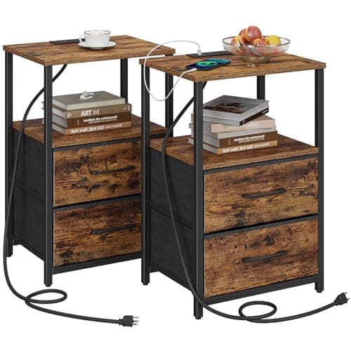 TUTOTAK End Table with Charging Station, Side Table with 2 USB Ports and Outlets, Nightstand with Cloth Drawer, Set of 2, Couch Table, Brown TB01BB052 - Image 1