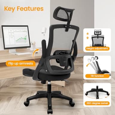 NEO CHAIR Ergonomic Office Desk Chair High Back Computer Gaming Mesh Chair with Comfy Task Adjustable Arms Lumbar Support Headrest Swivel for Home Office (Black) - Image 3