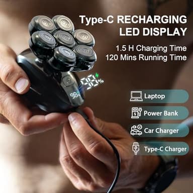 Head Shavers for Bald Men, Detachable Head Shaver, IPX7 Waterproof Wet Dry Bald Head Shavers, 7D LED Display Electric Rechargeable Head Shaving Kit with Type-C Charge - Image 6