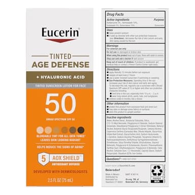 Eucerin Sun Tinted Age Defense Face Sunscreen Lotion SPF 50 with Hyaluronic Acid, Tinted Sunscreen for Face, Blendable Tint for All Skin Tones, Non Comedogenic and Hypoallergenic, 2.5 Fl Oz Bottle - Image 9