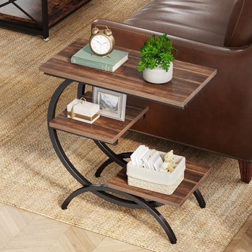 Tribesigns C-Shaped End Table, Industrial 3-Tier Small Side Table for Couch, Wood Bedside Table Snack Side Table with Storage Shelves for Living Room Small Space, Rustic Brown - Image 1