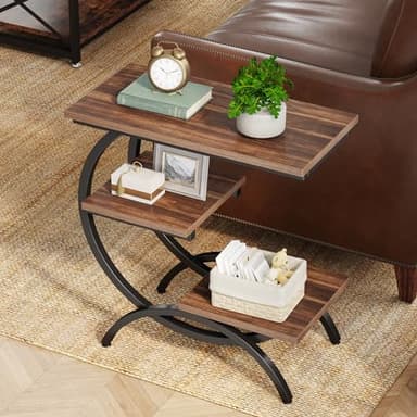 Tribesigns C-Shaped End Table, Industrial 3-Tier Small Side Table for Couch, Wood Bedside Table Snack Side Table with Storage Shelves for Living Room Small Space, Rustic Brown - Image 1