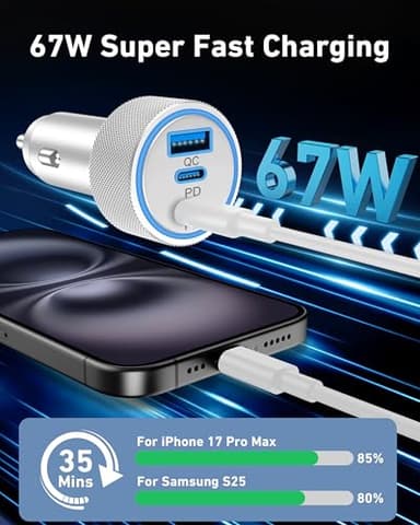 67W for iPhone 17 Air 17 Pro Max Car Charger Fast Charging, 67W 3-Port USB C Car Charger Adapter Cigarette Lighter with 3FT USB-C Cable for iPhone 17/17 Pro/Air/16/15/16 Pro Max/Plus, iPad Pro/Air - Image 2