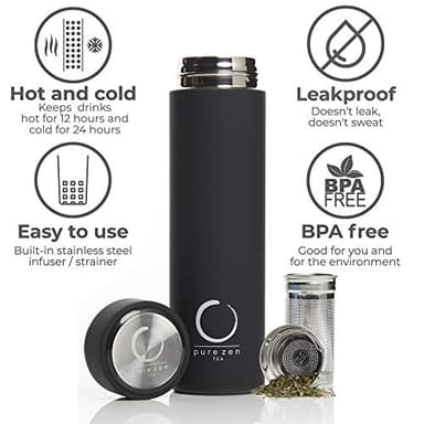 Pure Zen Tea Thermos with Infuser for Hot and Cold Infusions, Coffee and Fruit-Infused Water - Stainless Steel - Tea Infuser Bottle - Leakproof Travel Mug with Filter - 15oz - Black - Image 3