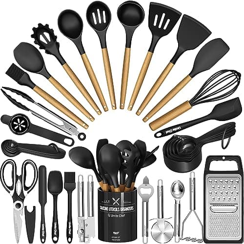 Kitchen Utensils Set- 34PCS Silicone Cooking Utensils with Holder, Umite Chef Heat Resistant Kitchen Utensil Spatula Set for Nonstick Cookware, Black Wooden Handles Kitchen Gadgets Tools Set - Image 1
