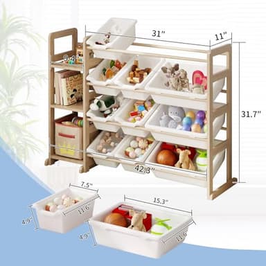 Toy Storage Organizer - Toy Organizers and Storage with Bookshelf, Toy Storage Shelf with 3 Shelves and 12 Storage Bins, Kids Bookshelf and Toy Storage for Kids Room, Playroom, Bedroom, Nursery, White - Image 2