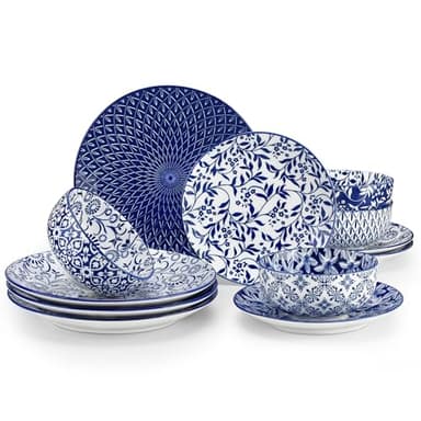 vancasso SELENE Plates and Bowls Set for 4, 12 Pieces Dinnerware Sets, Mircowave and Dishwasher Safe Dishes Set, Porcelain Blue Dinnerware - Image 1