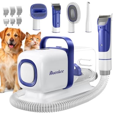 buenkee Dog Grooming Kit with Vacuum, All-in-One Pet Grooming Vacuum for Dogs and Cats, Low Noise Pet Hair Clipper & Shedding Brush, Dog Hair Remover, Cat Pet Groomer Set with Cleaning Brushes, White - Image 1