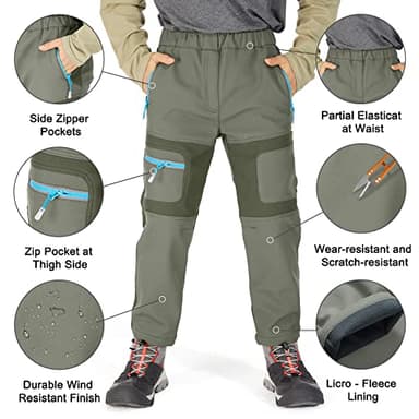 linlon Kids Boy's Snow Waterproof Pants Youth Fleece Lind Hiking Softshell Warm Insulated Trousers 9056-Army Green-L - Image 2