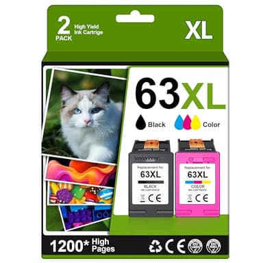 63XL Ink Cartridges Black and Color (2-Pack) Replacement for HP Ink 63 63XL Combo Pack Works for HP OfficeJet 3830 4650 4655 5200 5222 5255, DeskJet 1112 2130 3630, Envy 4510 4520 Series | L0R46AN - Image 1