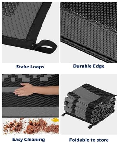 Kohree RV Outdoor Rug 9x12 Reversible, Waterproof Patio Mat with 4 Stakes & UV Fade Resistant, Non-Slip Outdoor Camping Mat for Deck, Picnic, Backyard, Includes Carry Bag (Black & Gray) - Image 4
