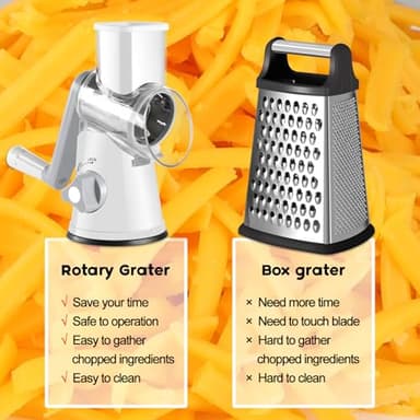 Ourokhome Rotary Cheese Grater Hand Crank, Kitchen Shredder Speed Mandolin Slicer Nuts Grinder with Handle and Drum Blades for Cheese, Vegetable, Walnuts, Chocolate, Potato, Carrot, 3 Blades, White - Image 7