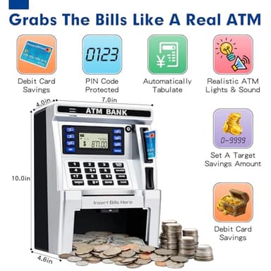 BAODLON Piggy Bank for Kids, ATM Machine Bank for Real Money with Debit Card, Bill Feeder, Coin Recognition, Balance Calculator, Electronic Savings Safe Box, Cool Stuff Toys Gifts for Teen Boys Girls - Image 3