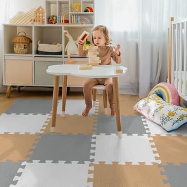 16 Tiles Baby Play Mat for Floor, EVA Foam Baby Floor Play Mat with 0.6 Inch Thick Interlocking Foam Tiles, Foam Floor Tiles for Baby, Toddlers and Kids (Grey-White- Brown, 16PCS) - Image 7