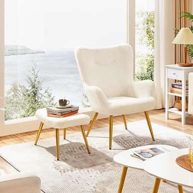 Yaheetech Boucle Accent Chair and Ottoman Set, Sherpa Armchair with Golden Metal Legs, High Back Reading Chair and Footstool for Living Room, Bedroom, Lounge, Ivory - Image 1