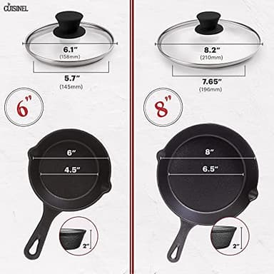 Cuisinel Cast Iron Skillets Set - 6"+8"+10+12"-Inch + Glass Lids + Silicone Handle Holder Cover Grips - Pre-Seasoned Frying Pan - Oven Cookware - Use Indoor/Outdoor, Grill, Stovetop, Fire - Image 4