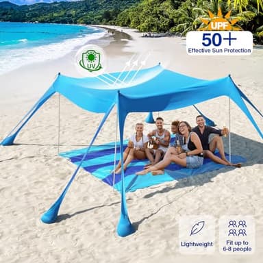 Rhino Valley Beach Tent, 10 x 10 FT Beach Shade UPF50+ Protection, Beach Canopy with 8 Sandbags 4 Stability Poles, Outdoor Beach Tent Sun Shelter Umbrella for Sand,Camping,Fishing Essentials, Sky Blue - Image 3