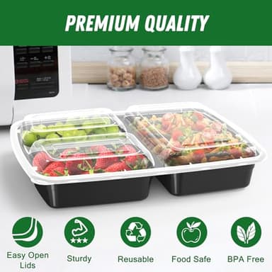 50 Pack (100-Piece) 32 oz Meal Prep Containers Reusable with Lids 3-Compartment, To Go Take Out Plastic Food Storage Containers, Sturdy Leakproof Food Safe, Microwave Freezer Dishwasher Safe, Black - Image 3