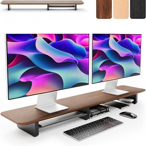 KIVY Dual Monitor Riser with Integrated Metal Shelf - Wooden Desk Shelf for Top of Desk - Dual Monitor Stand Riser (Dark Walnut Wood) - Image 1
