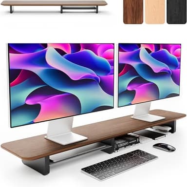 KIVY Dual Monitor Riser with Integrated Metal Shelf - Wooden Desk Shelf for Top of Desk - Dual Monitor Stand Riser (Dark Walnut Wood) - Image 1