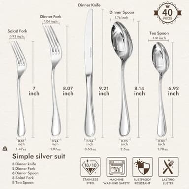 KINGSTONE 40 Piece Teardrop Silverware Set for 8, 18/10 Stainless Steel Flatware Set, Modern Design Cutlery Set for Home/Hotel/Wedding,Mirror Polished and Dishwasher Safe - Image 2