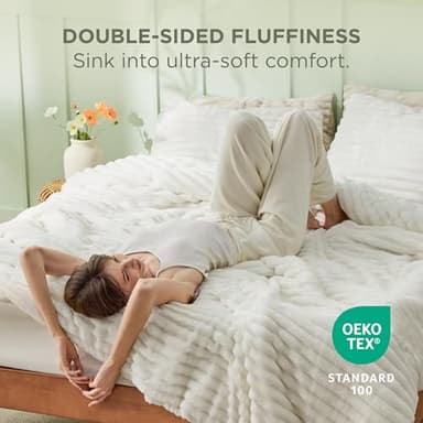 Bedsure Fluffy Comforter Set Queen - Super Soft Faux Fur Bed Set Cream White, All Seasons Warm Plush Fleece Bedding, 3 Pieces, 1 Shaggy Fuzzy Queen Size Comforter with 2 Pillowcases - Image 3