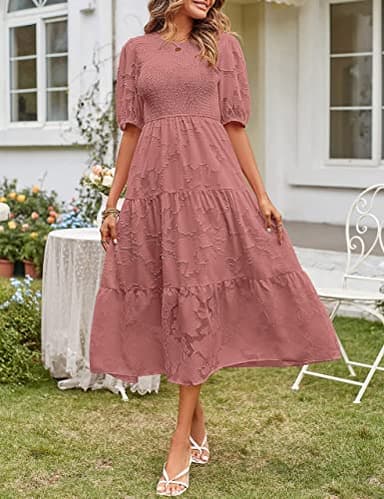MEROKEETY Women's 2025 Summer Cute Bubble Sleeve Shirred Bohemian Dress Flowy Pleated Midi Long Dresses,Tearose,M - Image 2