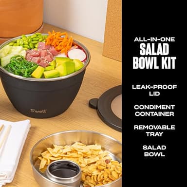 S’well Stainless Steel 64oz Salad Bowl Kit in Onyx, Comes with 2oz Condiment Container and Removable Tray for Organized Serving, Leak-Proof and Dishwasher Safe - Image 2
