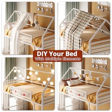 LIKIMIO Bunk Bed Twin Over Twin, House Bunk Bed Frame with Ladder and Guardrail, House Shaped with Metal Slats for Dormitory and Bedroom, Space Saving, No Box Spring Needed, White - Image 4