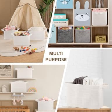 Storage Basket for Organizing, Woven Baskets for Storage, Rectangle Decorative Baskets for Shleves, Closet, Toys, Books, Nursery Organizer Bins - Pack of 3 (White - Image 7