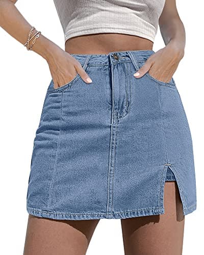 luvamia Flexclusive Skorts Skirts for Women Denim Mini Side Slit with High Waisted Jean Shorts Stretchy Skorts Dressy Jean Skirt for Women Going Out Shorts Blue Fog Size Medium - Image 1