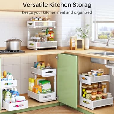 Under Sink Organizer, 2 Tier Pull out Cabinet Organizer Baskets with Mesh Sliding Drawers, Slide out Storage Shelf for Home, Kitchen, Bathroom, Pantry, Office Cabinet(1 Pack, White) - Image 9