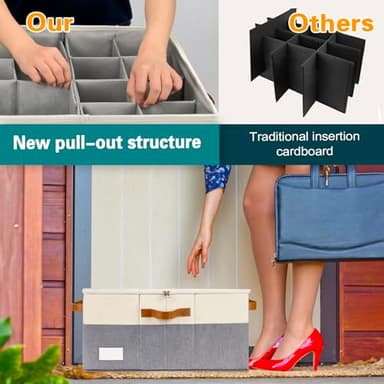 RONCHIL Shoe Organizer for Closet, Foldable Shoe Storage Bins with Clear Cover, Space Saving Shoes Holder with 4 Handles, Large Adjustable Shoe Box Storage Containers, Fits 12-24 Pairs, 2 Pack, Beige - Image 3