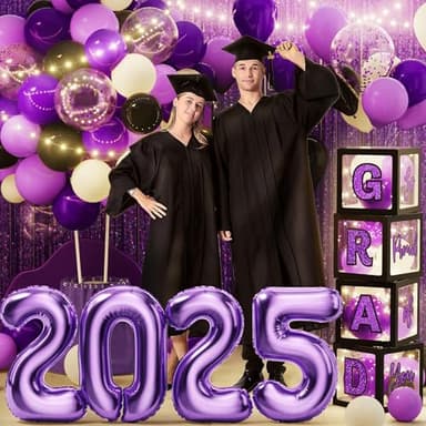 Ecomore Graduation Party Decorations Class of 2025-86 PCS Grad Party Supplies Includes LED Light Strings Balloon Block Boxes with Letters Foil Curtain Backdrop 2025 Balloon Garland Kit -Black Purple - Image 3