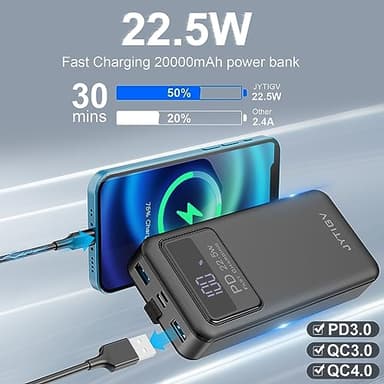 JYTIGV Portable Charger,20000mAh USB C in & Out Power Bank,22.5W PD Fast Charging Built-in LED Display and Flashlights Battery Pack Compatible with iPhone iPad Samsung LG Android Cellphone (Black) - Image 2