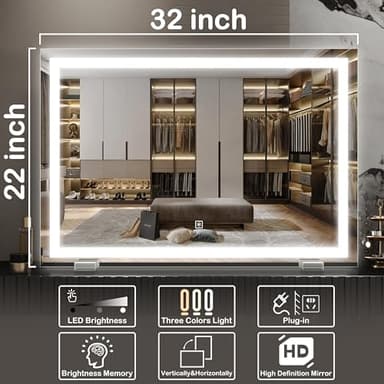 FENNIO Makeup Mirror with Lights 23"x32" ，LED Makeup Mirror ，Large Vanity Mirror with Lights，Touch Sensor with Dimmable 3 Modes, Square White - Image 3