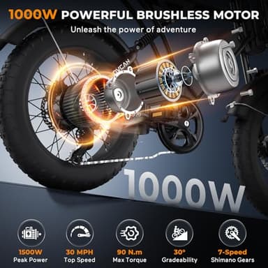 Movcan V60 Electric Bike for Adults, 1000W Motor 30MPH Top Speed 20” Fat Tire Electric Bike, 48V 15.6Ah Removable Battery Ebike, 7-Speed Full Suspension Electric Dirt Bike, Black - Image 2