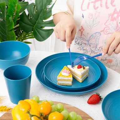 LIYH 48 Pcs Blue Wheat Straw Dinnerware, Plates and Bowls Set, Camping Dish Set for 12, Plastic Dinnerware Set, Dishwasher Safe Dinnerware Set, Unbreakable Plastic, Camper Dish Sets - Image 9