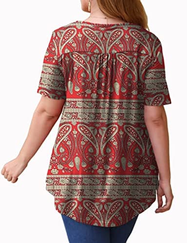 U.Vomade Womens Plus Size Tops Henley V Neck Blouses Short Sleeve Floral Shirts Multi Red 4X - Image 3