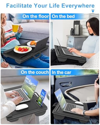HETTHI Laptop Lap Desk, Portable Large Laptop Desk for Bed, Up to 17 Inch Lap Pad Tray with Wrist Rest, Mouse Pad, Tablet Phone Slot, Portable Handle, Cushion (Black) - Image 6