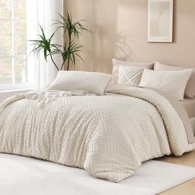 Andency King Size Comforter Set Beige, 3 Pieces Boho King Bedding Comforter Set Cream, All Season Soft Lightweight Tufted Textured Down Alternative Comforter Fluffy Bed Set - Image 1
