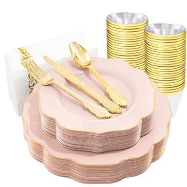 NOCCUR 175PCS Pink Plates with Gold Disposable Silverware - Include 50 Pink Plastic Plates,25 Knives,25 Forks,25 Spoons,25 Cups and 25 Napkins - Ideal for Wedding/Party - Image 1