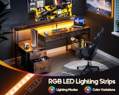 AODK 55 Inch Computer Desk with 3 Drawers and File Cabinet for Storage, Office Desk with Monitor Stand and LED Lights, Home Office Desks, Vintage - Image 7