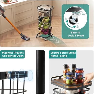 Ocyfym 4 Tier Kitchen Fruit Vegetable Storage Cart with One-Piece Rotating Basket, Pantry Organizer Shelf Rack Floor Stand for Veggie Onion Potato Produce Spice, Rolling Snack Cart on Wheels, Black - Image 5