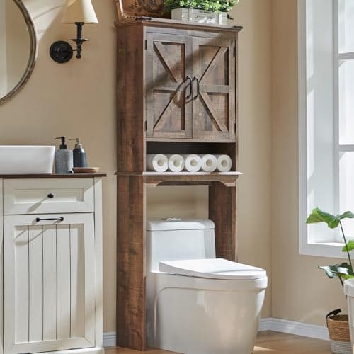 ACCOHOHO Over The Toilet Storage Cabinet, Farmhouse Bathroom Cabinet with Adjustable Shelf & Barn Door, 67" Tall Over The Toilet Shelf, Rustic Brown - Image 1