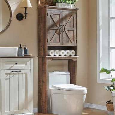ACCOHOHO Over The Toilet Storage Cabinet, Farmhouse Bathroom Cabinet with Adjustable Shelf & Barn Door, 67" Tall Over The Toilet Shelf, Rustic Brown - Image 1