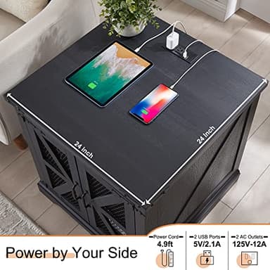 JXQTLINGMU Farmhouse End Table, 24" Large Sofa Side Table with Charging Station, Mesh Barn Door, and Adjustable Storage Shelf, Rustic Wood Square Nightstand for Living Room, Bedroom, Office, Black - Image 3